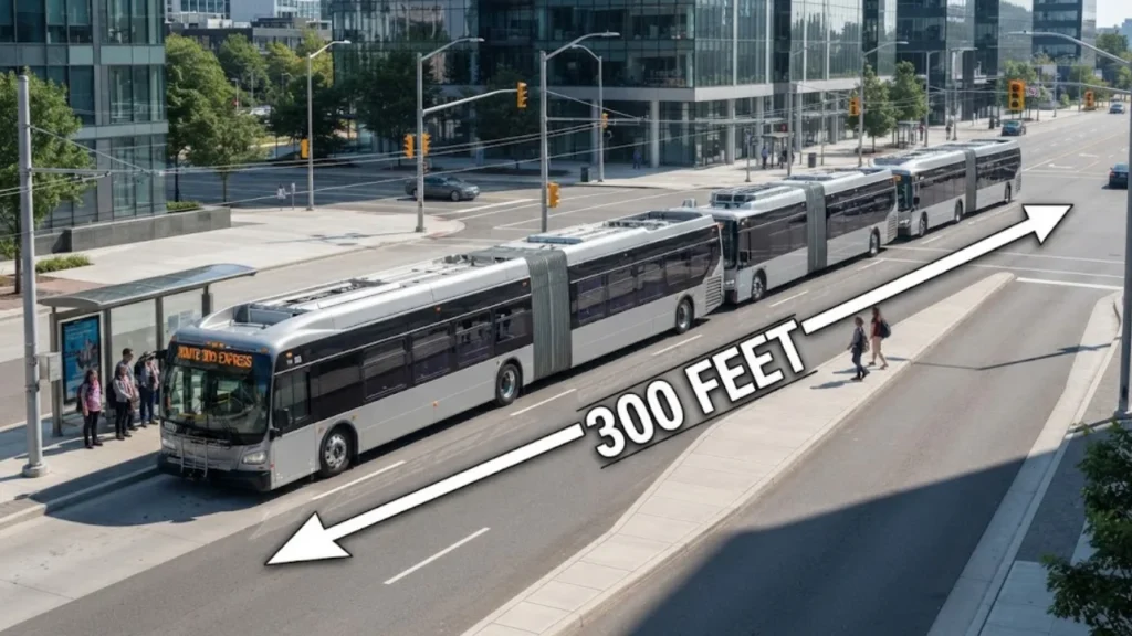 300 feet Five Articulated City Buses
