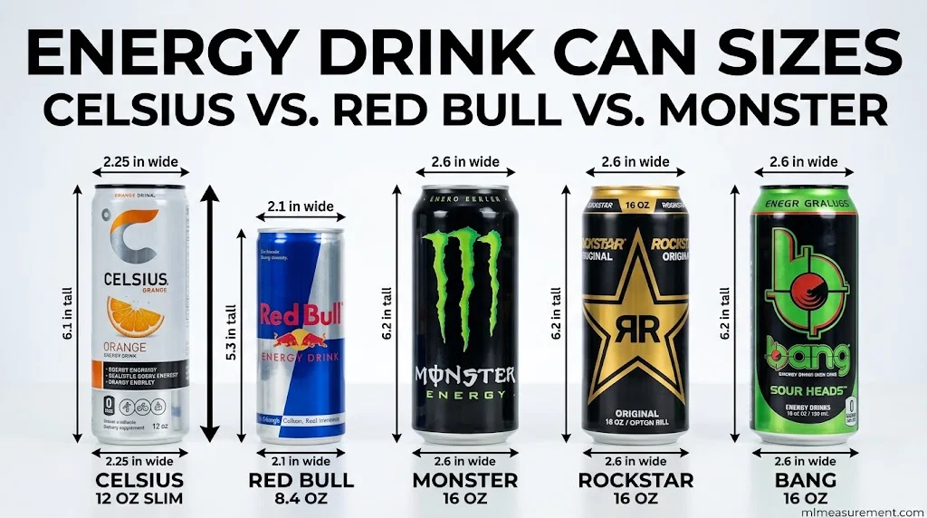 Celsius Can Size Compared: 16 oz Essentials, Red Bull, Monster, Rockstar & Bang