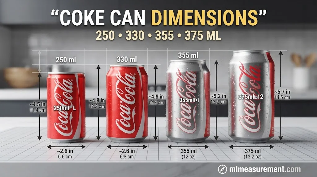 Coke Can Dimensions by Size: 250 ml, 330 ml, 355 ml and 375 ml