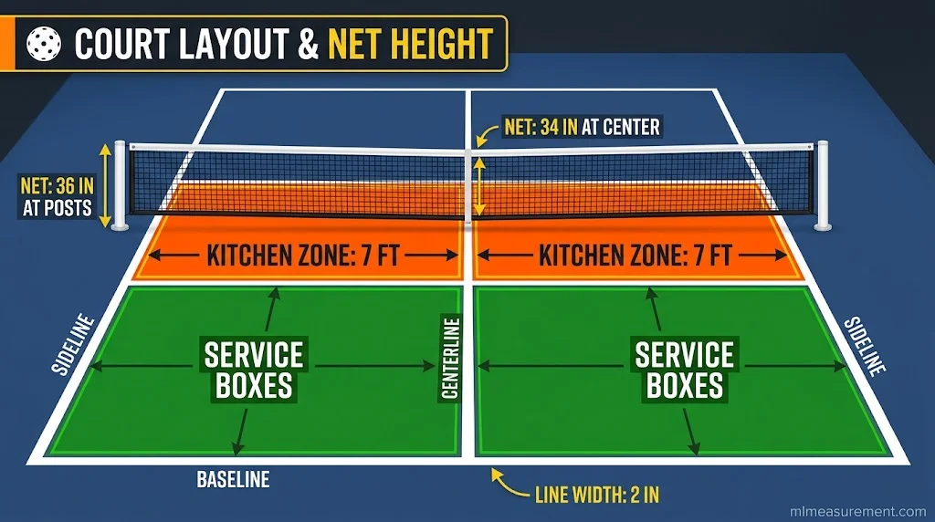 Pickleball Court Layout, Lines and Net Height